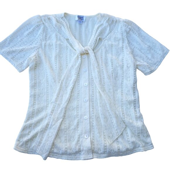 Unique Vintage Ivory Nylon Floral Lace Neck Tie Bow Short Sleeve Stretch M 6-8 - Picture 4 of 6